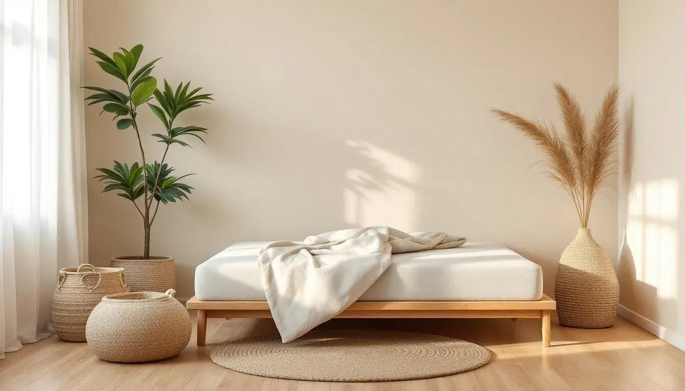 Ett harmoniskt sovrum med en kontinentalsäng i naturliga material, vilket skapar en lugn och inbjudande atmosfär. Rummets inredning är stilren och erbjuder en perfekt plats för avkoppling och återhämtning i hemmet.