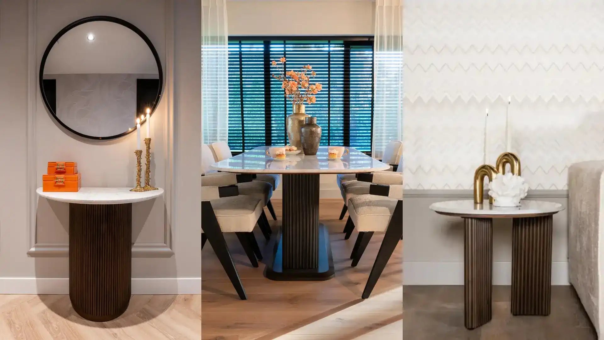 Modern marble-topped tables with fluted bases.
