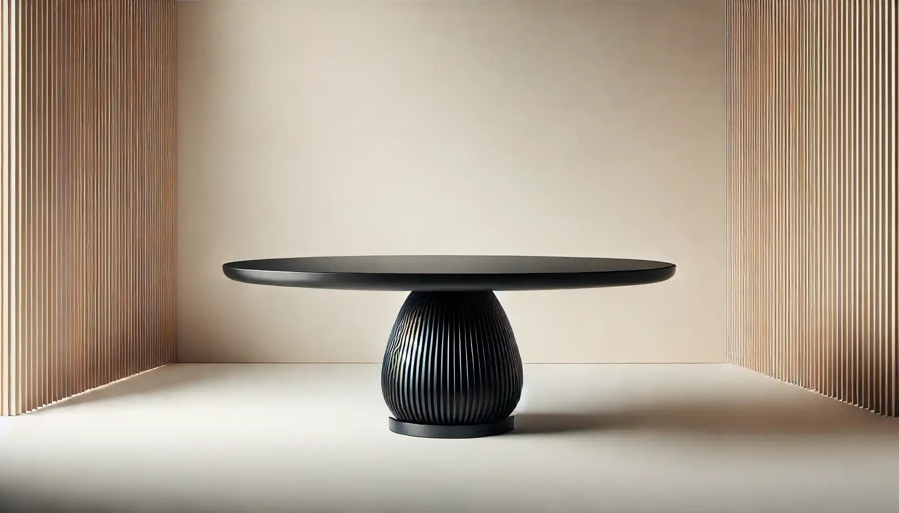 Round black table with fluted pedestal.