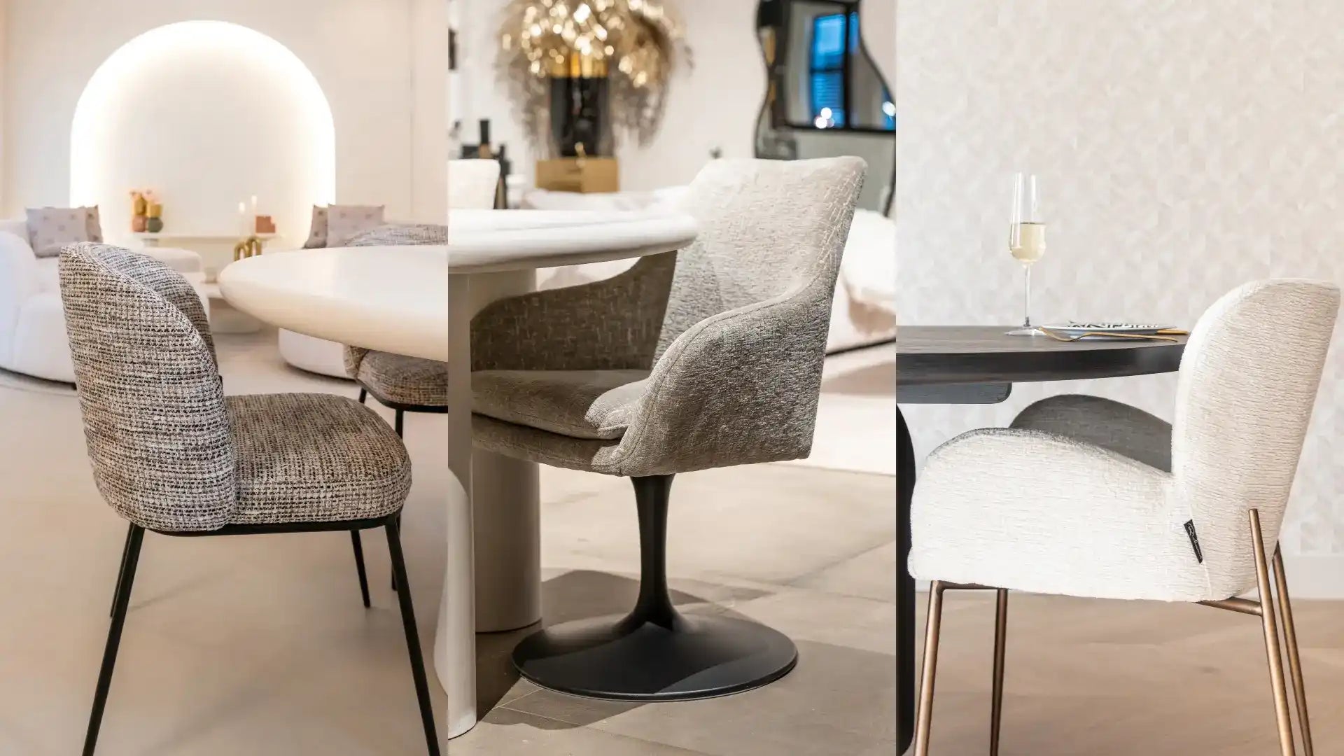 Three upholstered dining chairs.
